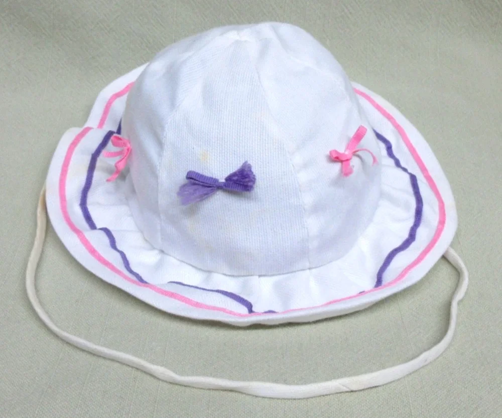 Vintage Beach Baby Bucket Retro Sun Hat- White w/ Pink & Purple Ribbons & Bows
